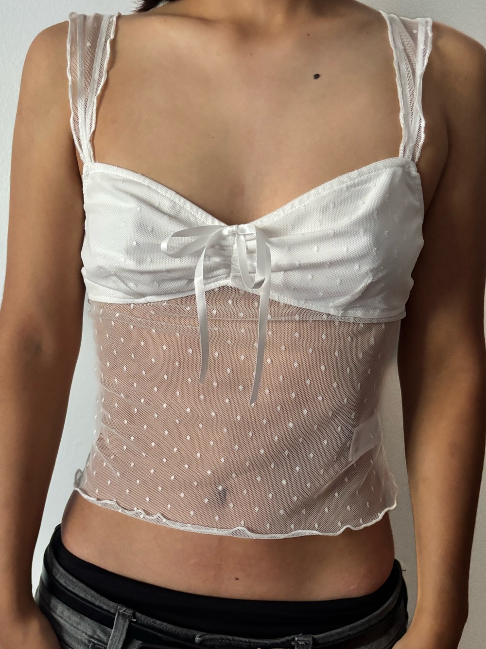 Coquette / balletcore feminine / romantic style Polka dot White Sheer Dot Mesh